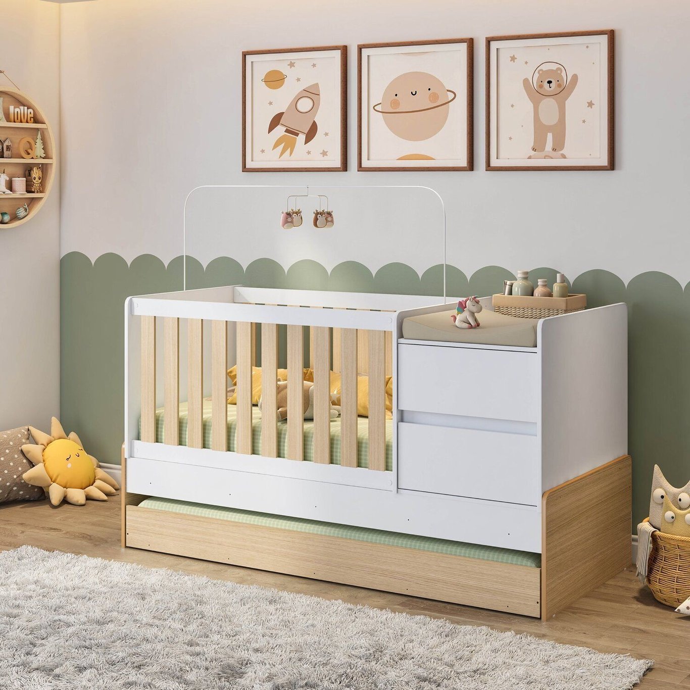 Berço Cama Multifuncional Auri com 2 Gavetas e Cama Auxiliar Casatema MadeiraOriginals Branco/Carval