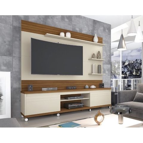 Home Estante Painel Tv até 60 Polegadas Rodízios 2 Portas Prateleiras Nichos Cedro:off White/freijó