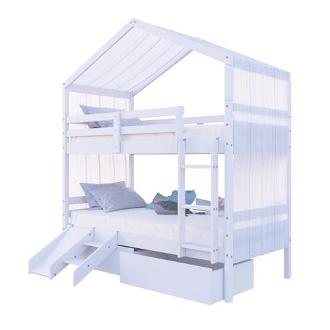 Beliche Solteiro Casinha com Gavetas Cortina e Kit Escada/Escorregador Madeira Maciça Branco