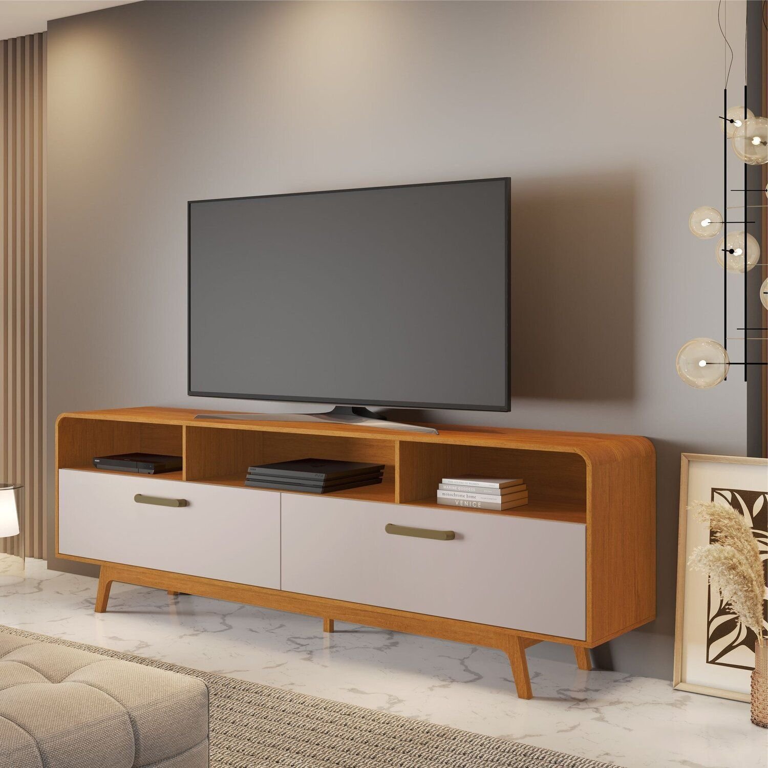 Rack para TV até 70 Polegadas MDF 200cm Pés em Madeira Maciça Cristal ...