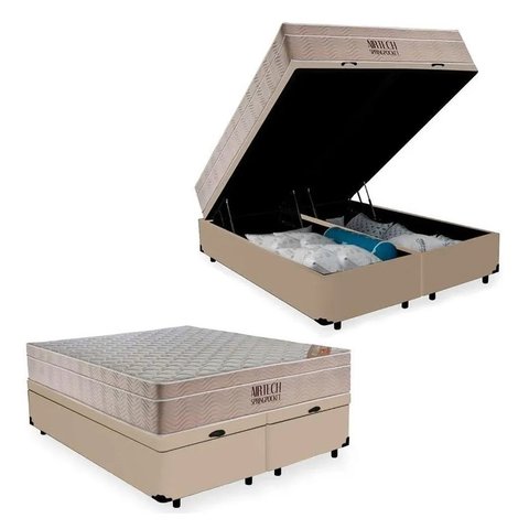 Cama Box Baú Queen Bipartido Blindado 158x198 Corino Bege