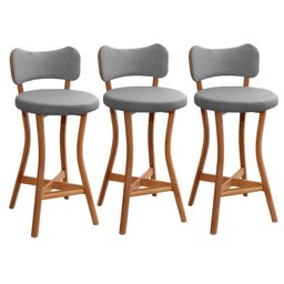 Kit 3 Banquetas Alta Cozinha de Madeira Maciça Estofada com Encosto - 1