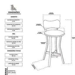 Kit 3 Banquetas Alta Cozinha de Madeira Maciça Estofada com Encosto - 3