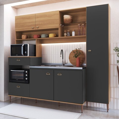 Cozinha Compacta Completa Karina 2,27m com Espaço para Forno e Microondas e Paneleiro 6 Portas 1 Gaveta Cinza/Freijó/Grafite