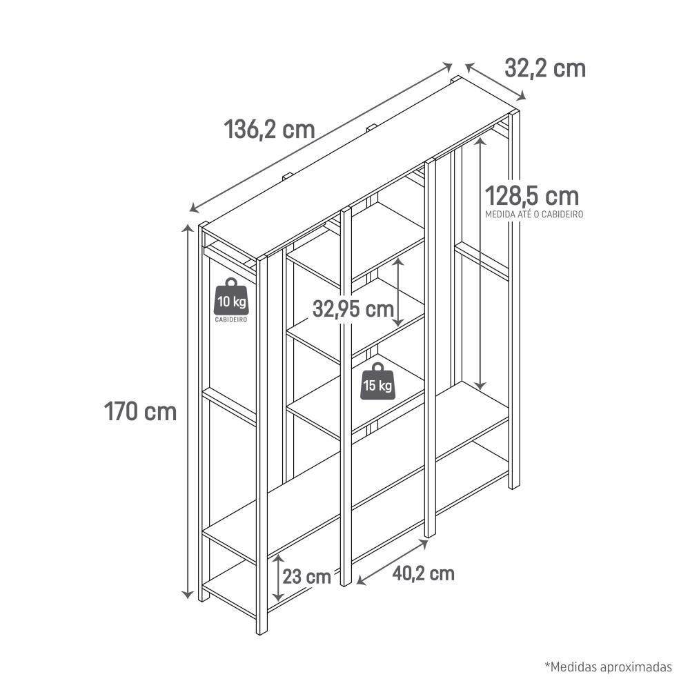 Armário Arara Cabideiro para Quarto com Prateleiras em Mdp Branco - 6