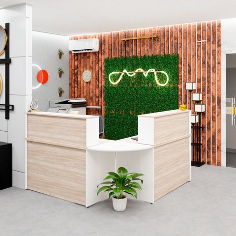 Balcão Atendimento de Canto em L Recepção Consultório 120x60cm Bege/Carvalho/Branco