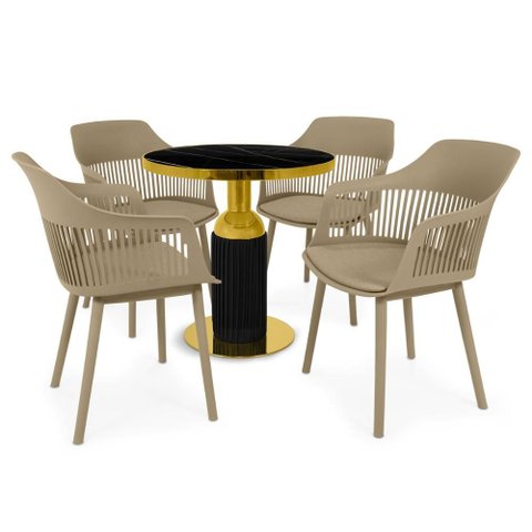 Conjunto Mesa de Jantar Redonda Imperial 70cm Preta com 4 Cadeiras Estofadas Marcela - Nude Escuro