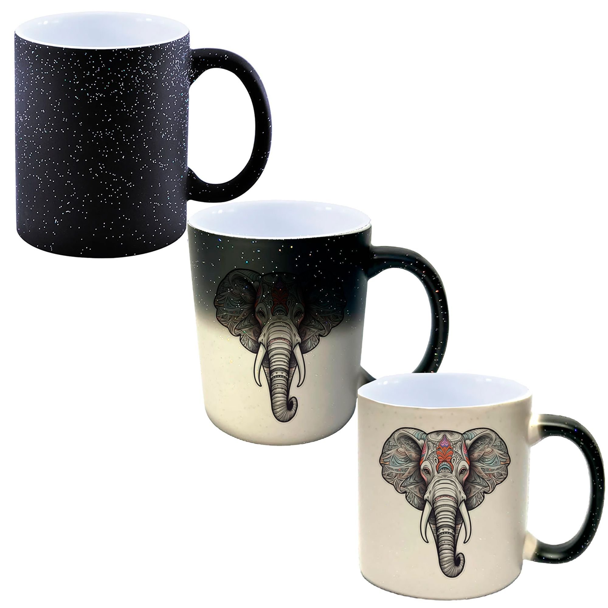 Caneca Mágica Glitter Muda de Cor Y2 Elefante Místico Arte Preto Color - 1