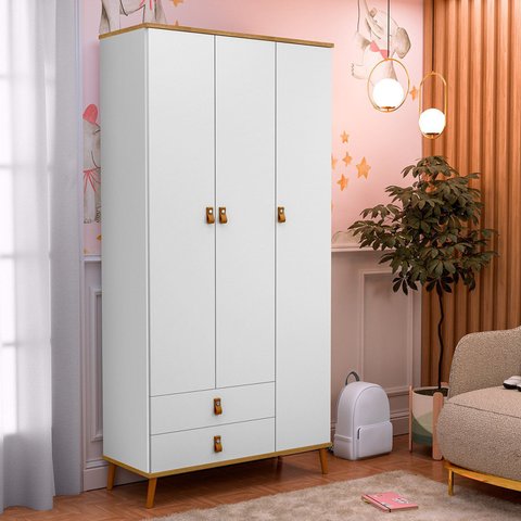 Guarda-Roupa Infantil 3 Portas e 2 Gavetas Jujuba Branco/Nature