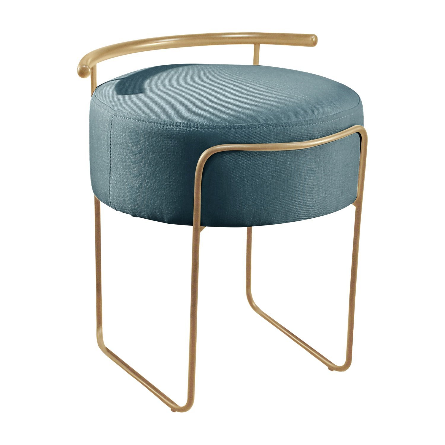 Puff Redondo Ivar em Linho e Base Metal Dourado Agarb Decor:linho Azul