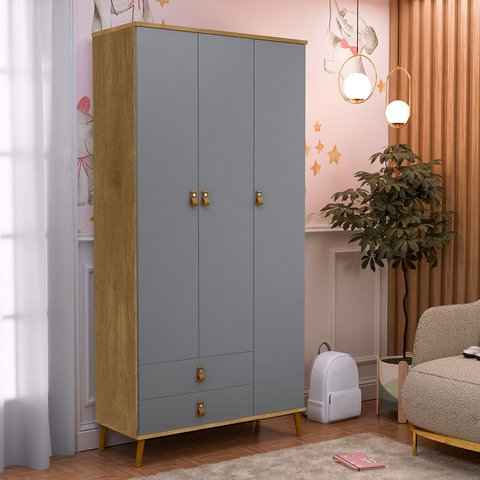 Guarda-Roupa Infantil Jujuba 3 Portas 2 Gavetas Cinza/Nature