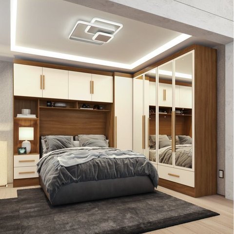Quarto Modulado Casal 100% MDF 4 Peças 5 Portas 4 Gavetas com Maleiro e Espelhos Smart Plus Yescasa Bege/Cinamomo Off/White