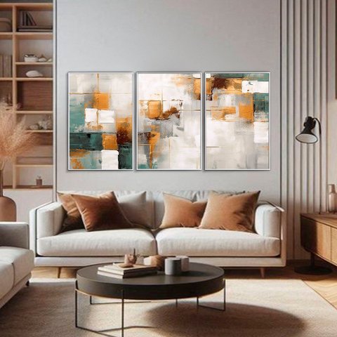 Quadro Decorativo Abstrato Dourado com Verde Kit 3 Quadros