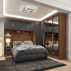 Quarto Modulado Casal Completo 4 Peças 5 Portas 4 Gavetas com Maleiro e Espelhos Smart Plus