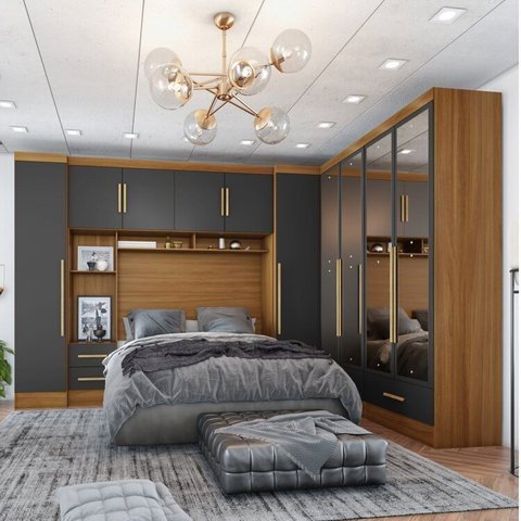 Quarto de Casal Completo Modulado 5 Peças 6 Portas 4 Gavetas com Maleiro e Espelhos Smart Plus Yescasa