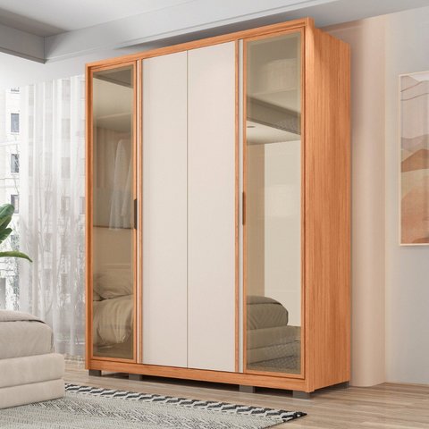 Guarda-Roupa 4 Portas e 3 Gavetas com Vidro Reflecta Cristal New Marrom/Freijó/Off White