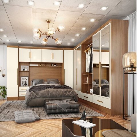 Quarto Modulado Casal Completo 6 Peças 6 Portas 5 Gavetas com Maleiro e Espelhos Smart Plus Yescasa Bege/Cinamomo Off/White