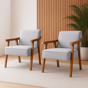 Kit 2 Poltronas para Sala de Estar Decorativas Tecido Linho Cinza Claro Pés de Madeira Maciça