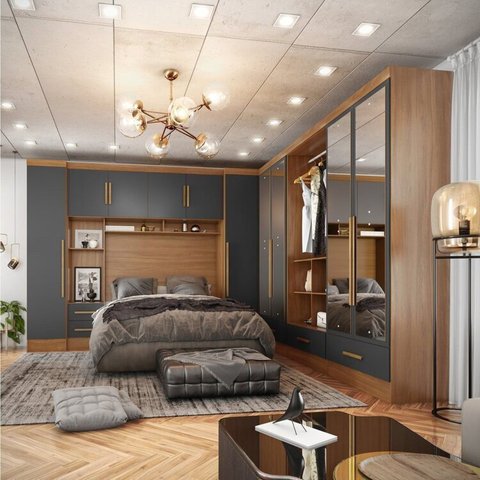 Quarto Modulado Casal Completo 6 Peças 6 Portas 5 Gavetas com Maleiro e Espelhos Smart Plus Yescasa Bege/Cinamomo/Chumbo