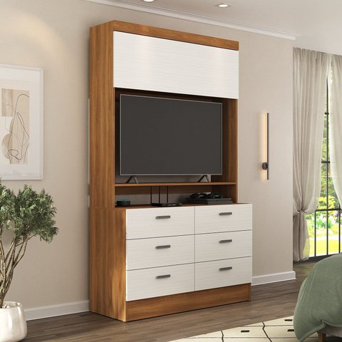 Cômoda para Quarto para TV até 42 Polegadas Viena 1 Porta 6 Gavetas Yescasa Marrom/Nogal/Branco