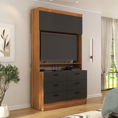 Cômoda para Quarto para TV até 42 Polegadas Viena 1 Porta 6 Gavetas Yescasa Marrom/Nogal/Grafite