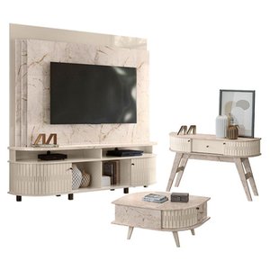 Estante Home Theater Daytona com Aparador Estoril e Mesa de Centro Indianápolis Calacata Off White –