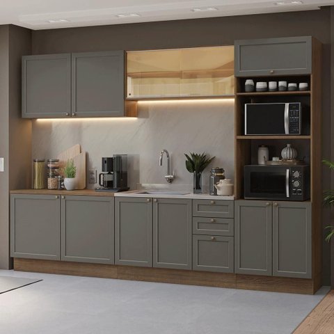 Armário de Cozinha Completa 310 Cm Vik Madesa 01 Rustic/cinza
