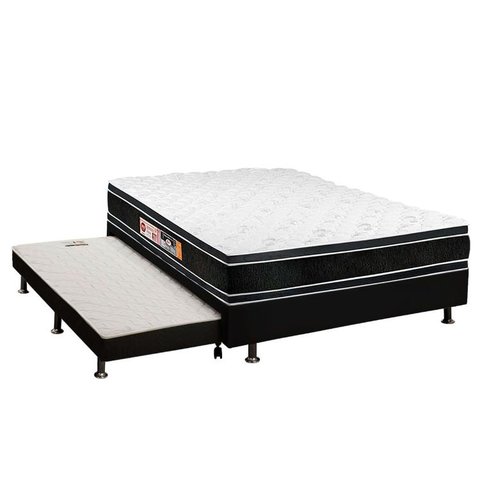 Cama Box c/Auxiliar Casal: Colchão Espuma Castor D33 Black e White DF + Base CRC Courano Black(138x1