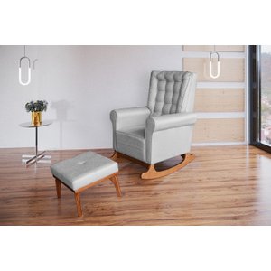 Poltrona Amamentação Aquila Luxo Balanço com Puff Suede cinza com Capitonê Ideal Móveis
