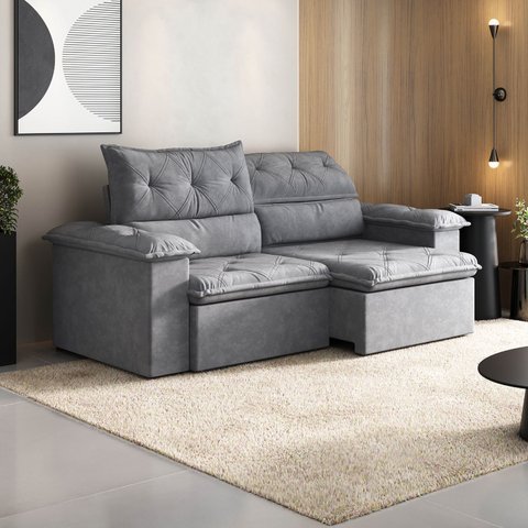 Sofá Retrátil e Reclinável 3 Lugares Veludo Grafite Cupuaçu 240cm CabeCasa MadeiraOriginals