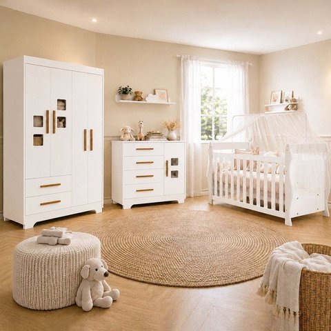 Quarto de Bebê Completo com Guarda-Roupa, Berço e Cômoda Sonho Branco