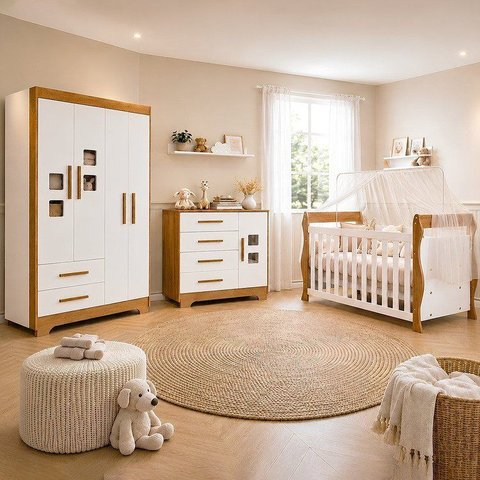 Quarto de Bebê Completo com Guarda-Roupa, Berço e Cômoda Sonho Marrom/Branco/Amadeirado