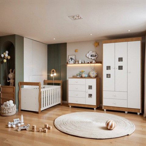 Quarto de Bebê Completo com Guarda-Roupa Berço e Cômoda Bibi Marrom/Amadeirado/Branco