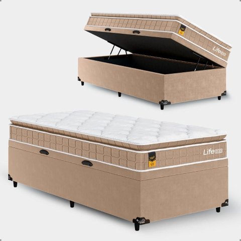 Cama Box Baú Solteiro + Colchão Life D33 Pillow Top 61x88x188cm - Bege - e-Shop Casa