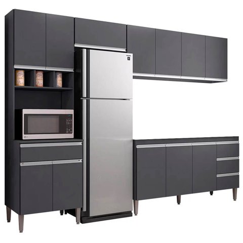 Cozinha Modulada 5 Peças com Tampo 280cm 12 Portas 4 Gavetas Natalie Cinza - ÉdeCasaMóveis                                                     