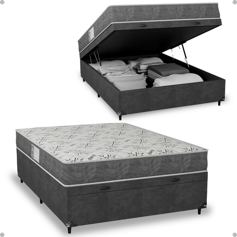 Cama Box Baú Casal + Colchão D33 One Face - Suede Cinza - e-Shop Casa