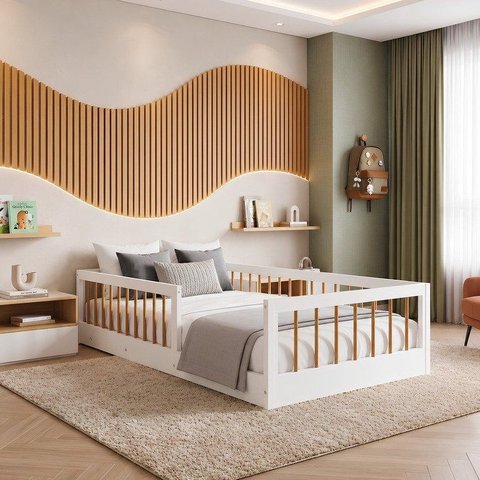 Cama Montessoriana Solteiro Ana 99x195x36cm Marrom/Branco/Amadeirado