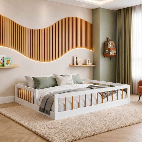 Cama Montessoriana Casal Ana 144,8x195x36cm Marrom/Branco/Amadeirado