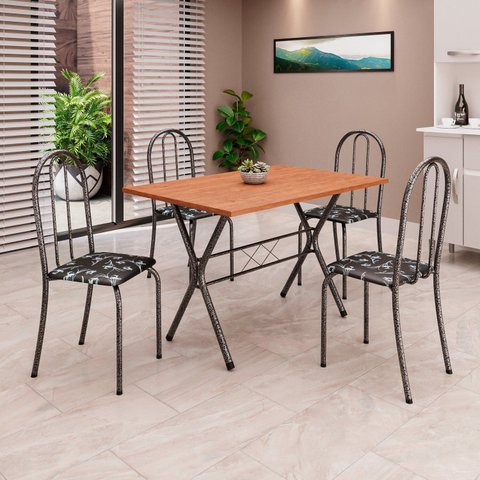 Conjunto de Mesa Tubular 62 100x60cm Tampo em MDF com 4 Cadeiras Ane B Prata/Preto Floral/Mart