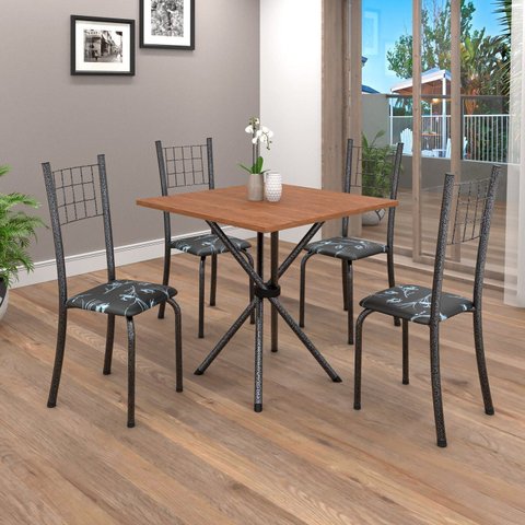 Conjunto de Mesa Tubular 048 70cm x 70cm Tampo em MDF com 4 Cadeiras Dany Prata/Preto/Cinamomo