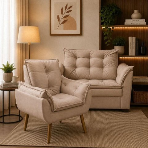 Sofá 2 Lugares com 1 Poltrona Decorativa para Sala de Estar Suede Capuccino