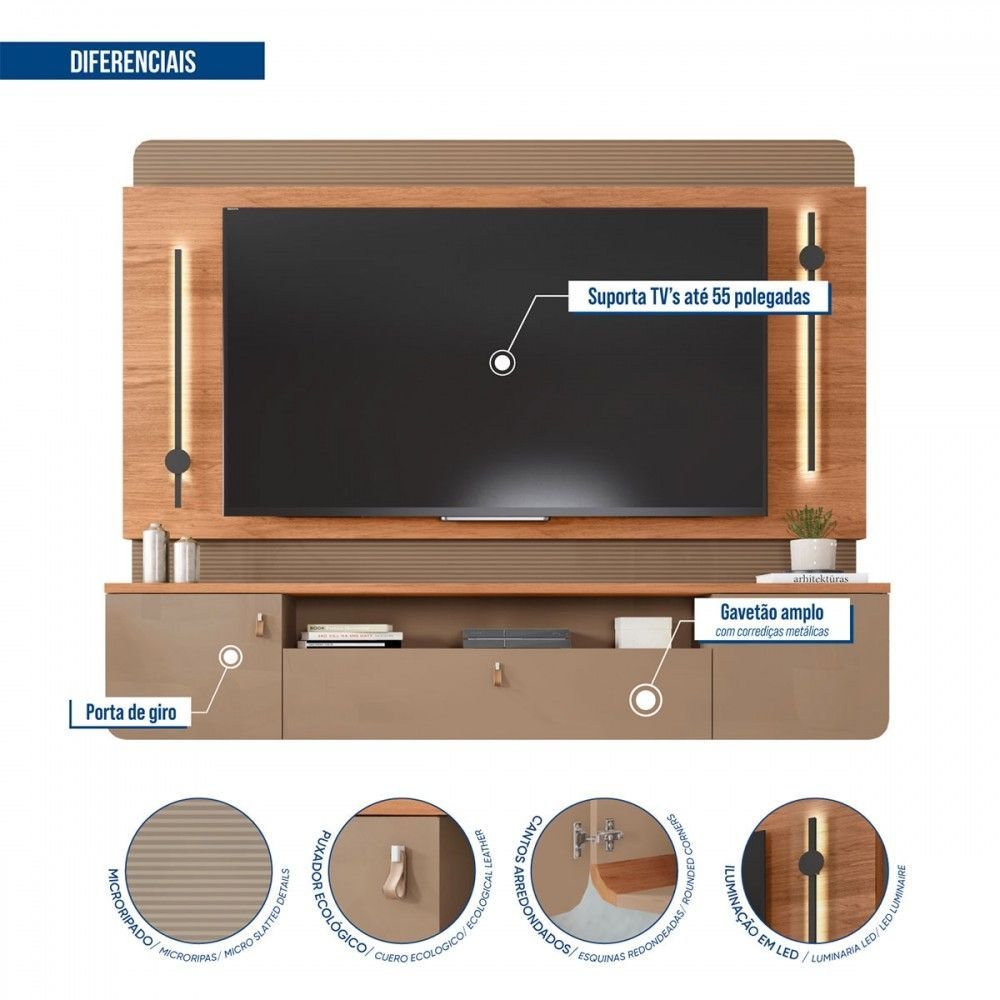 Painel para Tv até 75 Polegadas Dali 2 Portas 1 Gaveta com Led