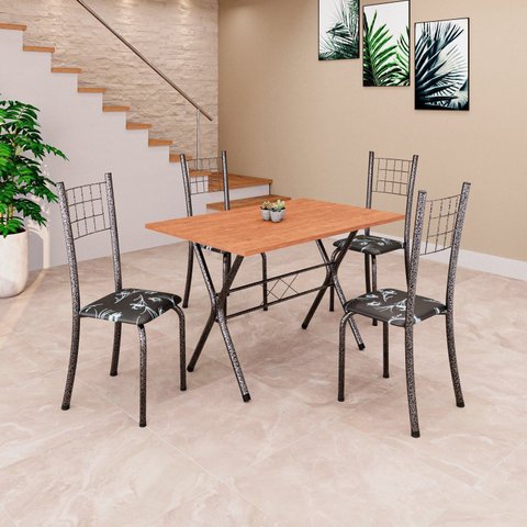 Conjunto de Mesa Tubular 62 100x60cm Tampo em MDF Cinamomo com 4 Cadeiras Dany Prata/Preto Floral/Mart
