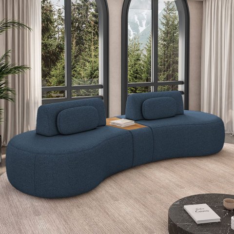 Sofá Sala de Estar Modulado França 325cm com Encosto Articulável Mesa Central e Almofadas Linho Azul