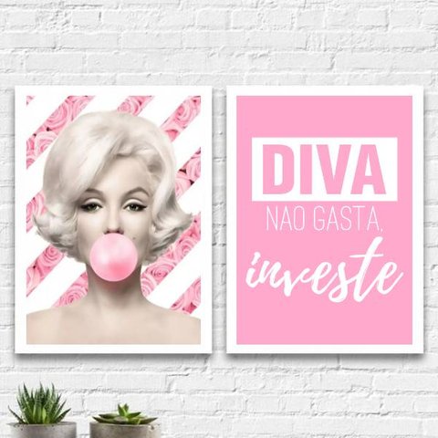 Kit 2 Quadros Marilyn Diva Rosa 33x24cm - com vidro:Madeira preta