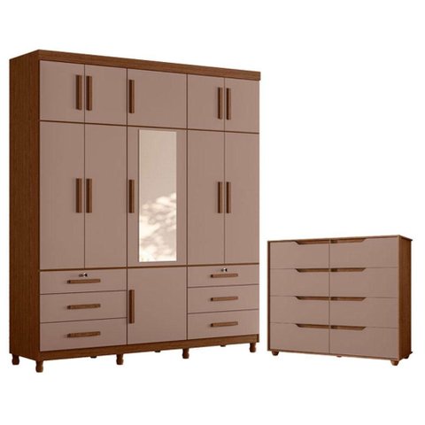 Guarda Roupa Casal Triton Plus 11 Portas com Espelho e Cômoda Doble Flex Nogueira Capuccino - Mó