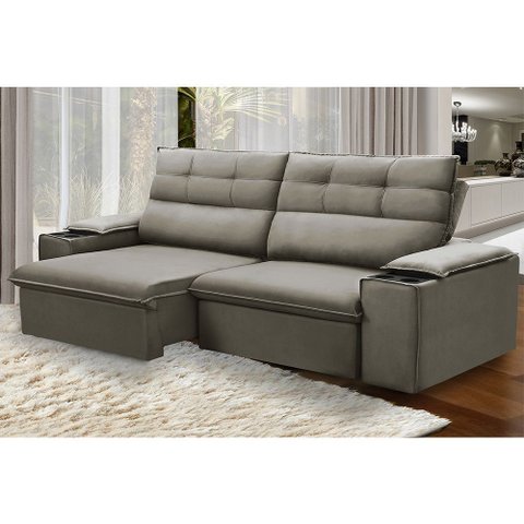 Sofá Retrátil Reclinável Vannes 245cm com Porta Copos e Objetos Bege Castor