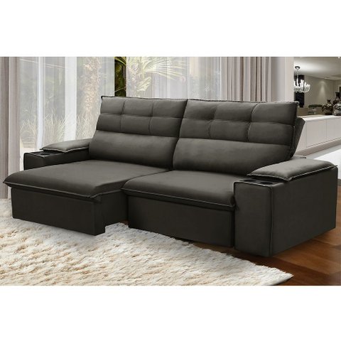 Sofá Retrátil Reclinável Vannes 245cm com Porta Copos e Objetos Marrom Tabaco