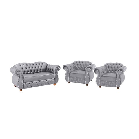 Conjunto Chesterfield Merlo Namoradeira c/ 2 Poltronas - Veludo Cinza Prata / decoração, recepção, s