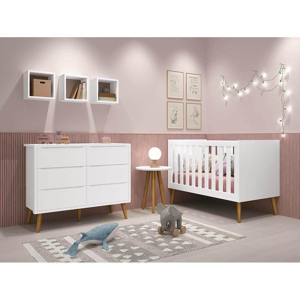 Kit Quarto Infantil Theo Madeira Branco Fosco - Berço + Cômoda